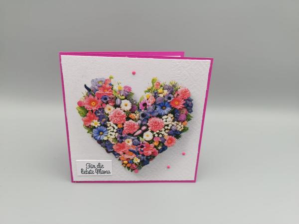 Muttertagskarte Serviettentechnik – Blumenherz in Pink